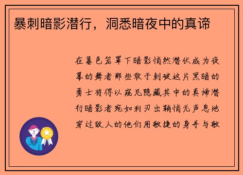 暴刺暗影潜行，洞悉暗夜中的真谛