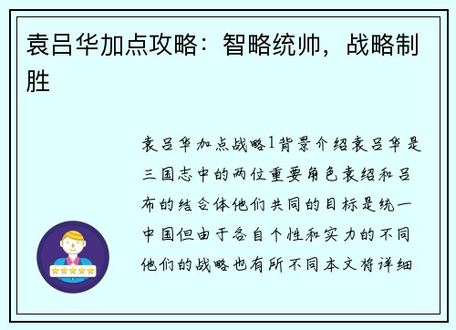 袁吕华加点攻略：智略统帅，战略制胜
